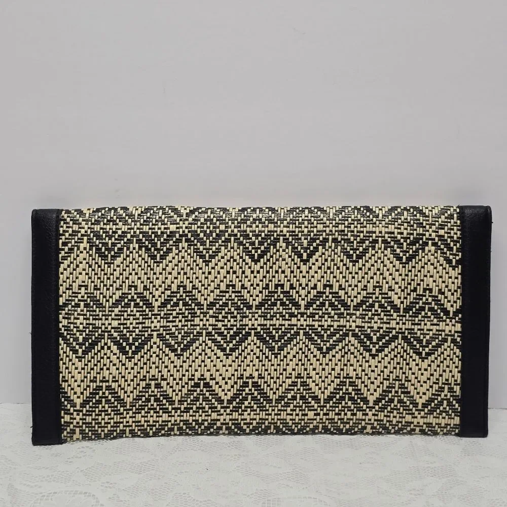 Banana Republic Chevron Straw Clutch Black Vegan Leather Trim Boho Chic NWT